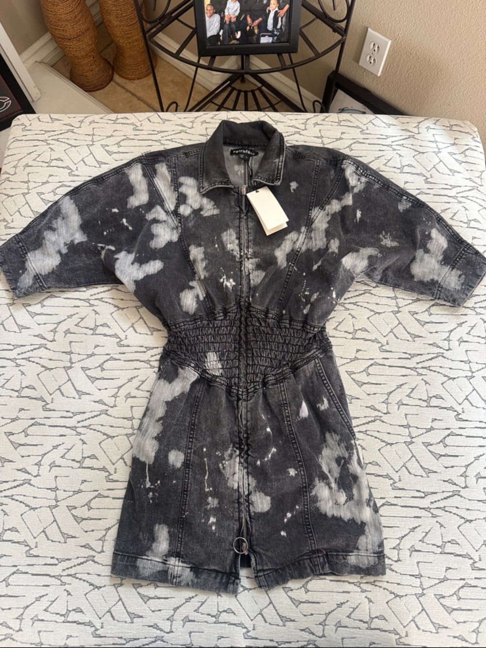 Retrofete Black & White Tie-Dye Denim Jumpsuit
